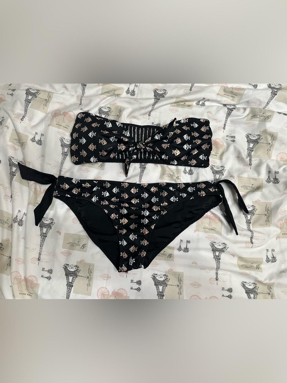 Black Bandeau Bikini Set with Metallic Silver & Gold Fish Print